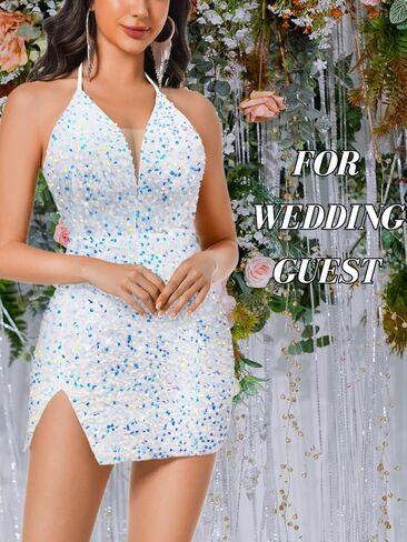 Sexy Sequin Dress for Women,Sparkly Glitter Velvet Mini Prom Dresses,Plunge Backless Club Outfit Cocktail Party in Kuwait