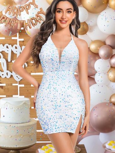 Sexy Sequin Dress for Women,Sparkly Glitter Velvet Mini Prom Dresses,Plunge Backless Club Outfit Cocktail Party in Kuwait