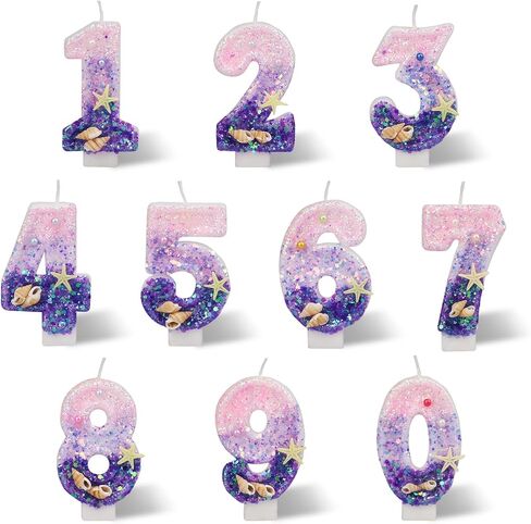 Birthday Candles for Cake, Pink and Purple Number 10 Candles Decorated with Conchs Starfish and Pearls for Mermaid Theme Party Cake Topper Supplies (Number 10) in Saudi Arabia