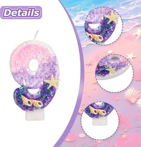 Birthday Candles for Cake, Pink and Purple Number 10 Candles Decorated with Conchs Starfish and Pearls for Mermaid Theme Party Cake Topper Supplies (Number 10) in Saudi Arabia
