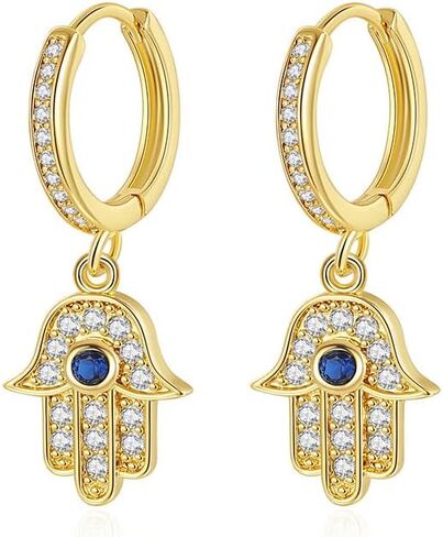 14K Gold Hand of Fatima Hoop and Drop Earrings, Moissanite and Sapphire Evil Eye Earrings for Women in Saudi Arabia