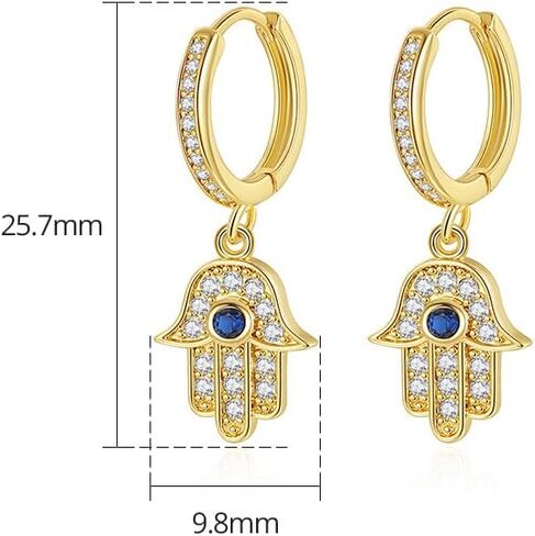14K Gold Hand of Fatima Hoop and Drop Earrings, Moissanite and Sapphire Evil Eye Earrings for Women in Saudi Arabia