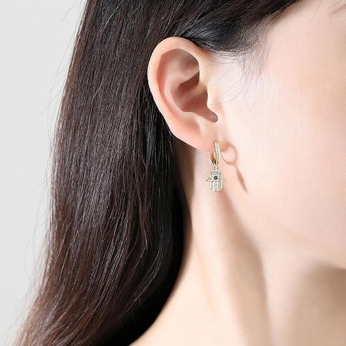 14K Gold Hand of Fatima Hoop and Drop Earrings, Moissanite and Sapphire Evil Eye Earrings for Women in Saudi Arabia