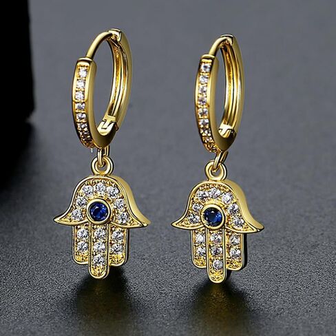 14K Gold Hand of Fatima Hoop and Drop Earrings, Moissanite and Sapphire Evil Eye Earrings for Women in Saudi Arabia