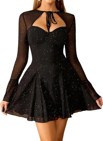 HTZMO Women Long Sleeve Sequin Mini Dress Sexy Cut Out Tie Neck Sparkly Party Night Going Out Dresses in Saudi Arabia