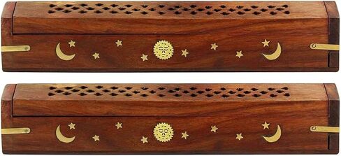 Sheesham Wood Incense Burner Holder - Set of 2 Coffin Style Sun Moon Inlay Handmade Aromatherapy Room Freshener Fragrance Cone Incense Stick Burner Ash Catcher - 12x2x2- Set of 2 Pieces in Saudi Arabia