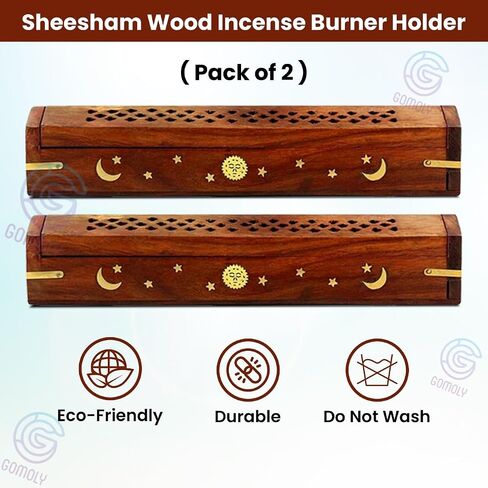 Sheesham Wood Incense Burner Holder - Set of 2 Coffin Style Sun Moon Inlay Handmade Aromatherapy Room Freshener Fragrance Cone Incense Stick Burner Ash Catcher - 12x2x2- Set of 2 Pieces in Saudi Arabia