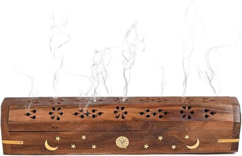 Sheesham Wood Incense Burner Holder - Set of 2 Coffin Style Sun Moon Inlay Handmade Aromatherapy Room Freshener Fragrance Cone Incense Stick Burner Ash Catcher - 12x2x2- Set of 2 Pieces in Saudi Arabia