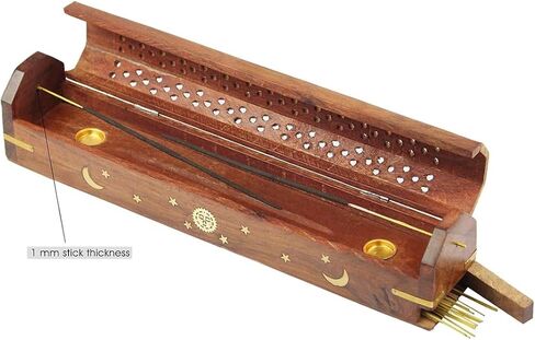 Sheesham Wood Incense Burner Holder - Set of 2 Coffin Style Sun Moon Inlay Handmade Aromatherapy Room Freshener Fragrance Cone Incense Stick Burner Ash Catcher - 12x2x2- Set of 2 Pieces in Saudi Arabia
