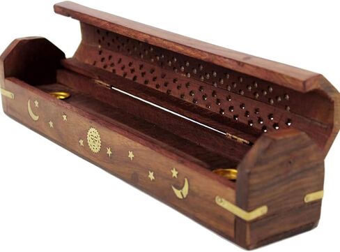 Sheesham Wood Incense Burner Holder - Set of 2 Coffin Style Sun Moon Inlay Handmade Aromatherapy Room Freshener Fragrance Cone Incense Stick Burner Ash Catcher - 12x2x2- Set of 2 Pieces in Saudi Arabia