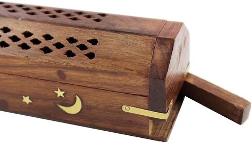 Sheesham Wood Incense Burner Holder - Set of 2 Coffin Style Sun Moon Inlay Handmade Aromatherapy Room Freshener Fragrance Cone Incense Stick Burner Ash Catcher - 12x2x2- Set of 2 Pieces in Saudi Arabia