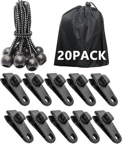 20 Pack - 10 Pcs Tarp Clips & 10 Pcs Ball Bungee Cords, Heavy Duty Tarp Clamps for Tent Awnings Caravan Canopies Car Cover Swimming Pool Cover Boat Cover Fasteners Clips (20 Pack) in Kuwait