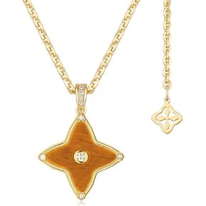 MYEARS Women Clover Necklace Pendant Lapis Lazuli/Mother of Pearl/Turquoise/Yellow Tiger's Eye Cubic Zirconia 14K Gold Simple Dainty Chain Everyday Trendy Lucky Jewelry