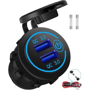 12V USB Outlet - 36W Dual QC3.0 USB Port for Car with Touch Switch & LED - Waterproof Car Charger Socket for RV Motorcycle Marine Truck Golf Cart Boat Accessories