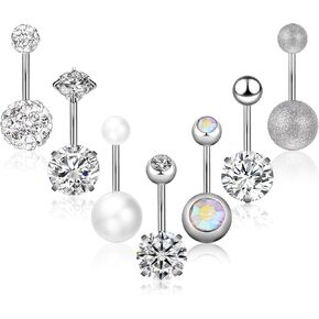 7PCS Belly Button Rings, 14G Stainless Steel Belly Piercing Jewelry with Cubic Zirconia for Men and Women