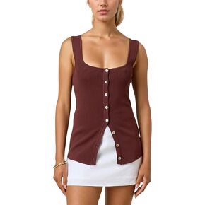 Women Square Neck Button Down Knit Tank Top Button-Up U Neck Sleeveless Backless Solid Slim Sexy Sweater Vest Tops