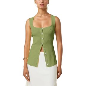 Women Square Neck Button Down Knit Tank Top Button-Up U Neck Sleeveless Backless Solid Slim Sexy Sweater Vest Tops in Saudi Arabia
