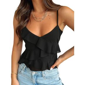 Trendy Queen Tank Tops for Women V Neck Sexy Going Out Tops Camisole Summer Flowy Ruffle Spaghetti Strap Shirts 2025