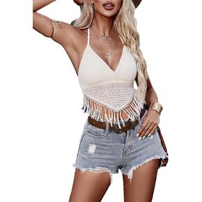 SHENHE Women's Sexy Fringe Top Crochet Halter Hippie Crop Tops Tassel Backless Asymmetrical Festival Bandana