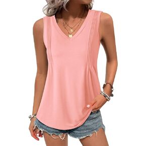 Zeagoo Women's Tank Tops Loose Fit Casual V Neck Boho Summer Pleated Sleeveless Shirts Basic Trendy Outfits Clothes