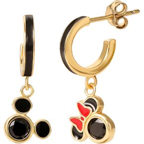 Mismatched Minnie and Mickey Hoop Earrings for Women Official License, 18k Gold Flash-Plated Sterling Silver Disney Earrings