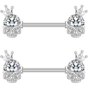14G Skull Nipple Rings for Women Surgical Steel Clear Diamond Crown Nipple Studs Straight Bar Barbell Nipplerings Body Piercing Jewelry