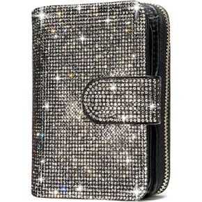 Small Wallet Women Bling Rhinestone RFID Blocking Bifold Compact Card Holder Wallet for Women with Zipper Credit Card holder (Colored diamond)