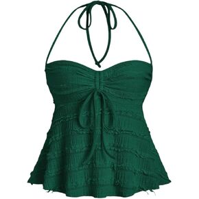 Shenhe Women's Babydoll Tops Halter Bow Bow Front Ruched Lace Trim Flowy Tank Top Peplum Out Out Out