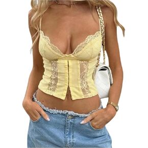 Wdirara Women's Lace V Neck Cami Crop Top Spaghetti Strap Y2K Summer Camisole Tops in Kuwait