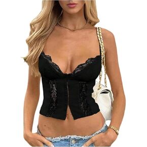WDIRARA Women's Lace V Neck Cami Crop Top Spaghetti Strap Y2k Summer Camisole Tops