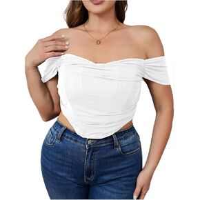 MakeMeChic Women's Plus Size Off Shoulder Bustier Tops Ruched V Neck Tank Zipper Slim Fitted Crop Tops