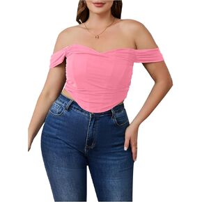 MakeMeChic Women's Plus Size Off Shoulder Bustier Tops Ruched V Neck Tank Zipper Slim Fitted Crop Tops in Kuwait