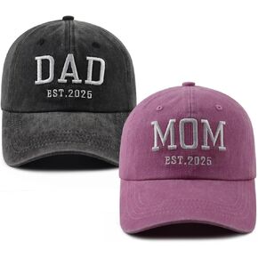 2PCS Mom and Dad EST 2025 Hat for Women Men, Funny Adjustable Cotton Embroidered New Parents Gifts Baseball Cap