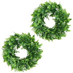 2pcs 10" Small Wreath,Boxwood Greenery Wreaths for Front Door,Artificial Round Green Mini Wreath for Door Decor Farmhouse Decorating(White Fruits)