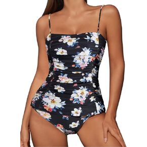 ZAFUL Women's Tankini Bathing Suit 2 Piece Tummy Control Swimsuit Floral Full Coverage Ruched High Waisted Full Coverage Slim Swim Suits Floral Black L