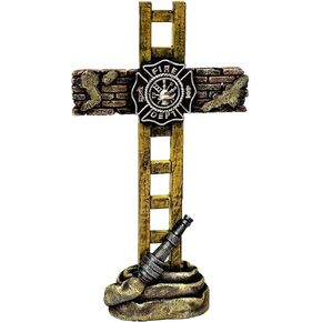 Fireman Firefighter Standing Cross Statue Memorial 10" (H) Spiritual Art Tabletop Decor Shelf Display