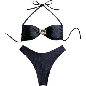 SOLY HUX Women's 2 Piece Bikini Set Metal Decor Halter Swimsuit Tie Back High Cut Bathing Suit