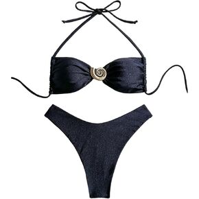 SOLY HUX Women's 2 Piece Bikini Set Metal Decor Halter Swimsuit Tie Back High Cut Bathing Suit in Kuwait
