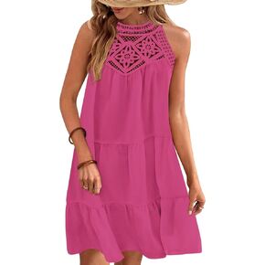 Wkior Womens Summer Dresses 2025 Casual Halter Sleeveless Flowy Mini Dress Tiered Pleated Beach Sundress