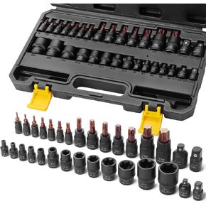 مجموعة مقبس Bates- Torx Bit Bit ومجموعة Socket Torx ، 31 جهاز كمبيوتر شخصي ، CR-V Steel ، Star T8-T70 ، E4-E24 ، 1/4 "، 1/2" و 3/8 "محولات وخفض