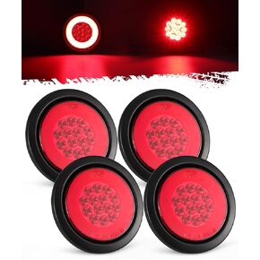 Partsam 4Pcs 4 Inch Round 32 LED Trailer Tail Lights Red with Halo Glow Stop Turn Tail Running Light Lamps Rubber Grommet 3-Prong Wire Pigtails Included, 12-24V, IP67 Waterproof