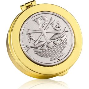 Weysat Pyx for Communion Host Catholic Polished Gold Brass Latin Cross Pyx/keepsake Box for Holy Communion Priests Deacons Eucharist Holy Gift,1.97 Inch(Classic)