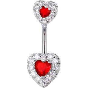 Crystal Double Heart Belly Button Rings Surgical Stainless Steel Curved Barbell Heart Navel Rings Sparkling Zirconia Hearts Bar Navel Nails for Men and Women