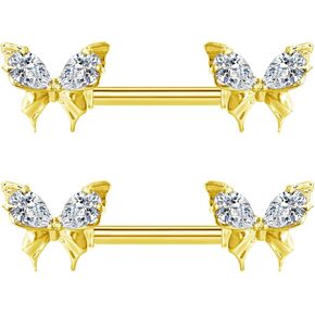 14G Butterfly Nipple Ring 316L Stainless Steel Clear CZ Nipple Barbell Nipple Piercings Jewelry for Women