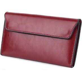 Women's Genuine Real Leather Slim Envelope Wallet with Detached Card Holder, Magnetic Closure, Phone Holder Clutch (Rose Red)