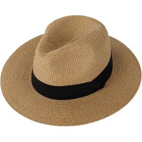 Khaki Women Men Straw Panama Hat with Black Strap Wide Brim Fedora Beach Sun Trilby Hat Gentlemen Roll Up Summer Hats Floppy Foldable Roll-Up Beach Cap