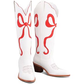 LingxiaUne Women’s Western Cowboy Boots – Symmetrical Red Butterfly Pattern High Shaft Boots with Wooden Heel