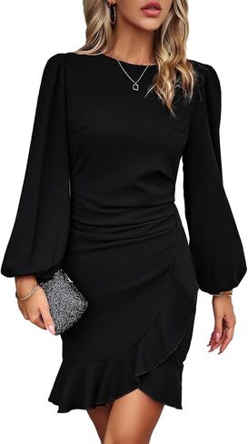 YNIQUE Women's Long Sleeves Dress 2025 Zipper Bodycon Mini Dress Ruffle Hem Round Neck Cocktail in Kuwait