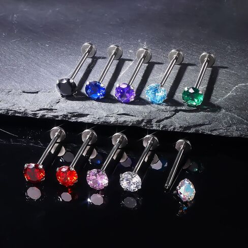 Ruifan ASTM F136 Titanium Cheek Piercing Barbell Jewelry 16G 14G Internally Threaded Flat Back Tongue Rings Cubic Zirconia Solid Titanium Labret Body Piercing Jewelry for Women Men 14mm 16mm 19mm in Saudi Arabia