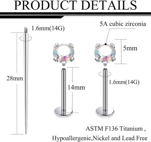 Ruifan ASTM F136 Titanium Cheek Piercing Barbell Jewelry 16G 14G Internally Threaded Flat Back Tongue Rings Cubic Zirconia Solid Titanium Labret Body Piercing Jewelry for Women Men 14mm 16mm 19mm in Saudi Arabia